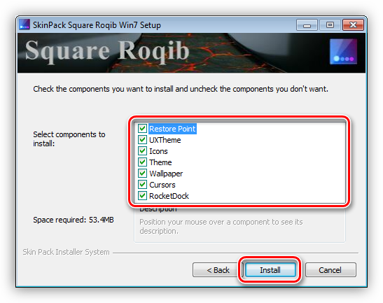 Выбор элементов интерфейса для изменения при установке пакета оформления SkinPack в Windows 7